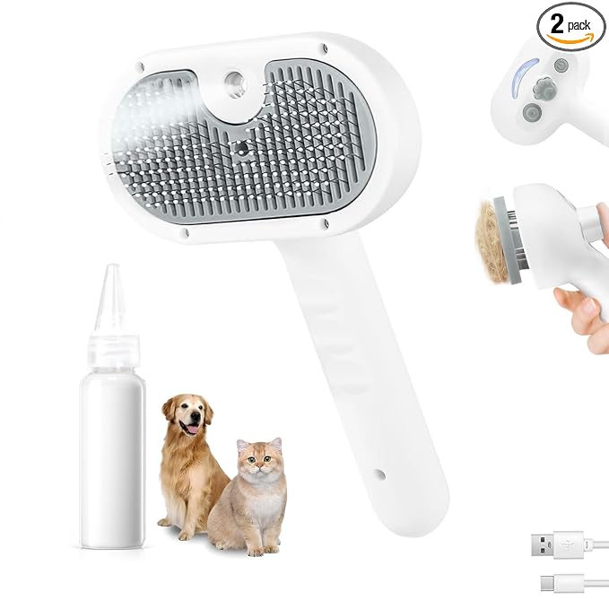 Pet Steam Brush for Dog & Cat - 3-in-1 Steam Grooming Brush for Shedding & Hair Removal - Self Cleaning Spray Comb with Mist for Long Haired Pets, Grey
