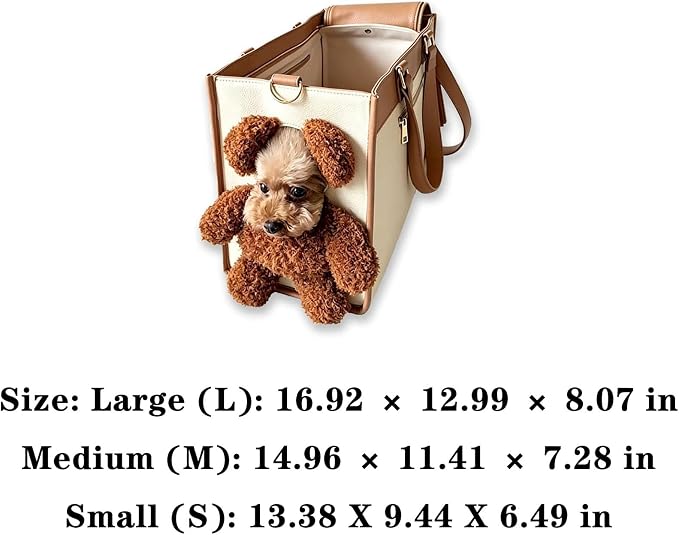 Teddy Bear Dog Carrier Bag, Teddy Carrier Bag for Dogs and Cats, Portable PU Leather Shoulder Tote with Plush Ears, Portable Convenient，White Brown Color Scheme L