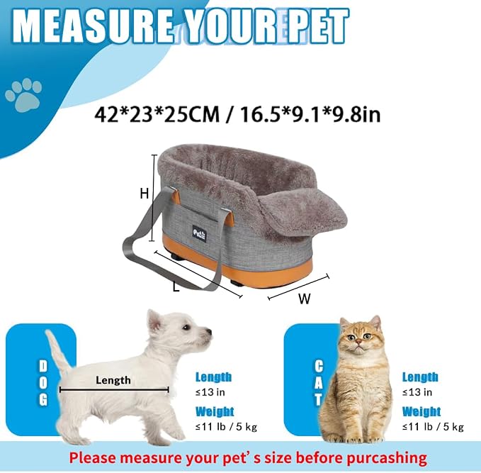 Pet Car Center Console Elevated Armrest Car Seat for Small Puppy, Dogs & Cats (Up to 10 lbs) – Dark Gray Washable Plush Carrier with Safety Leash, Fits Front Vehicle Console Space (Khaki)