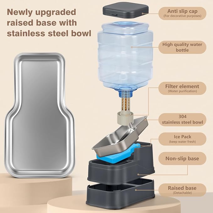 1.6 Gallon Pet Automatic Dog Water Dispenser Cat Gravity Waterer Feeder with Stainless Steel Bowl 8L Large Capacity Puppy Feeding Raised Bowls with Filter,Ice Pack (Charcoal Gray, 6L(1.6 Gallon))