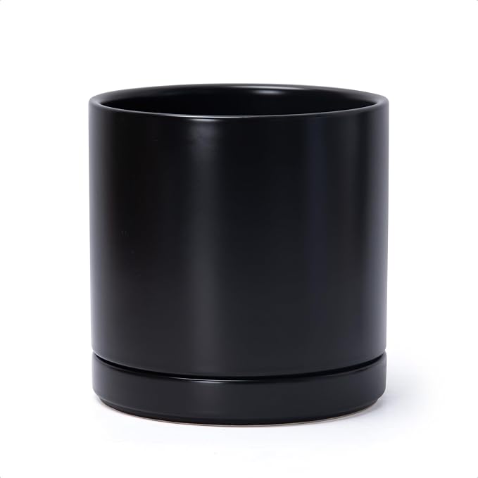 D'vine Dev 8.2 Inch Ceramic Planter Pot, Black, 94-O-D-2 | Modern Cylinder Design, Drainage Hole & Saucer Included, Stable Structure, Elegant Home Accent