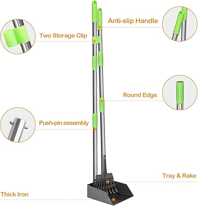 TOOGE Pooper Scooper, Dog Pooper Scooper Long Handle Stainless Metal Tray and Rake for Medium Small Dogs Heavy Duty Pet Supplies to Use for Grass, Dirt or Gravel