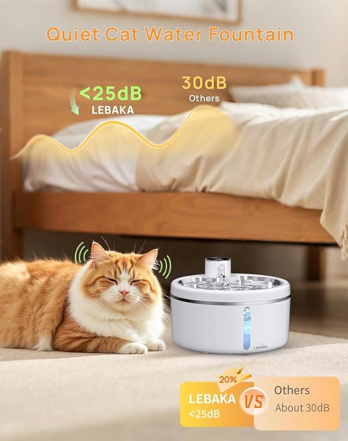 Wireless Cat Water Fountain [with Stainless Steel Tray], 84oz/2.5L Pet Fountain for Cats Inside, Cat Fountain for Drinking with Motion Sensor