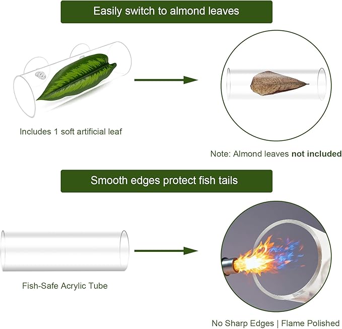 Acrylic Betta Hammock Tunnel, Betta Fish Tank Accessories & Aquarium Tunnel Decor, Fish Tank Hideout with Soft Faux Leaf Hammock, Beta Bed Resting Spot for Bettas (L Size — 5.9" × 1.96" OD)