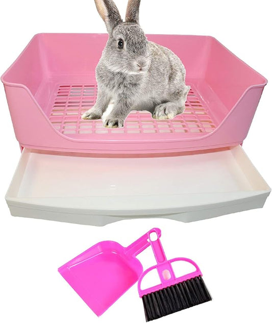 PINVNBY Large Rabbit Litter Box Bigger Pet Litter Pan Trainer with Drawer Corner Toilet Box for Adult Guinea Pigs Chinchilla Ferret Hedgehog Small Animals(Pink)