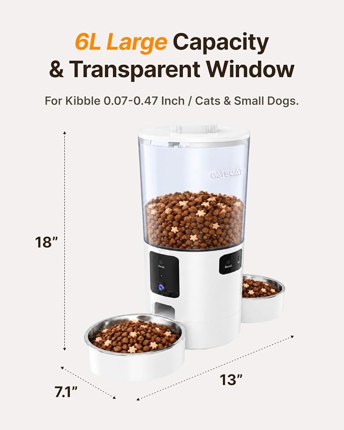 Dual-Camera Automatic Pet Feeder with 2 Bowls, 6L Smart Feeder for 2 Cats | 2K HD Video, App Control, Slow Feed Mode, Up to 20 Meals, 2-Way Audio, Night Vision, iOS/Android, Dry Food Only, White