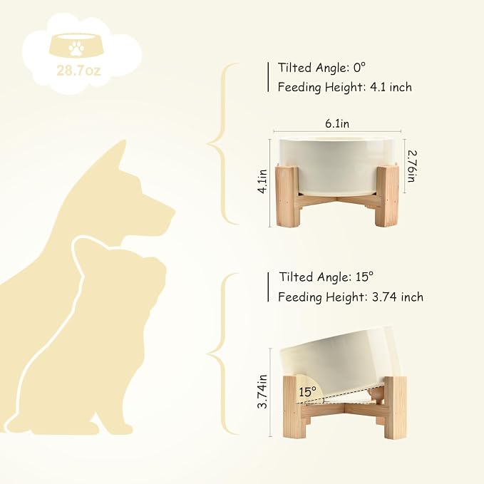 SPUNKYJUNKY 15° Slanted Ceramic Dog and Cat Bowl with Wooden Stand, Tilted Bulldog Food and Water Bowl No Slip Non-Spill for Cats Medium Dogs Big Face Pets 28.7 OZ (3.6 Cups, Beige)