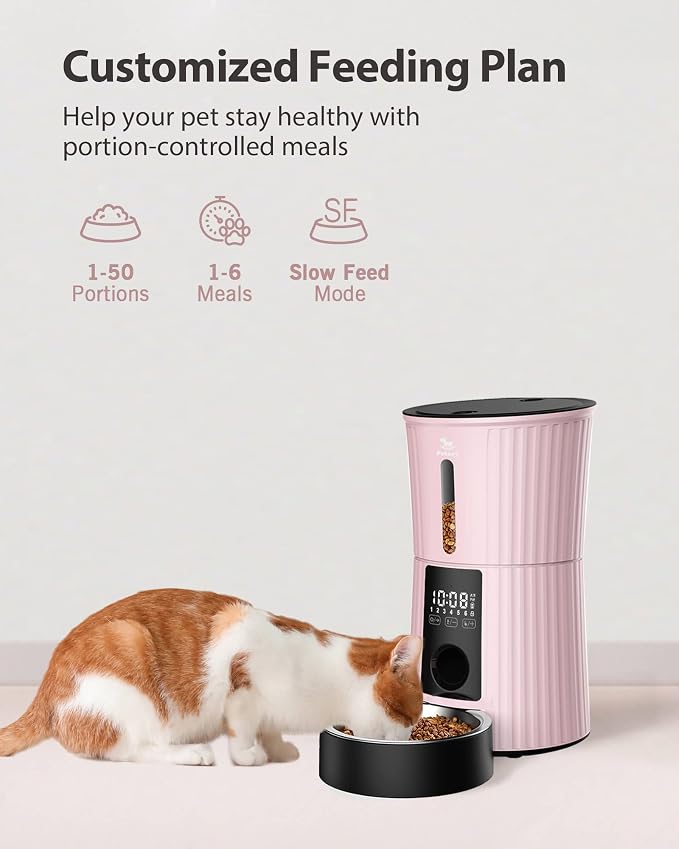 Timed Automatic Cat Feeder - 4L Dry Food Dispenser for Cats and Dogs | Programmable Portion Control, 6 Meals Daily, Dual Power Supply, 10-Second Voice Recorder, with Desiccant Bag, Pink