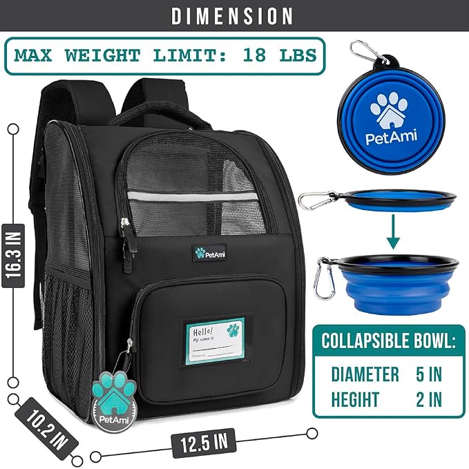 PetAmi Dog Backpack Carrier for Small Medium Dogs Large Cats up to 18 lbs, 2 Side Entry, Structured No-Collapse Frame, Airline Approved Ventilated Pet Backpack for Hiking Camping Travel Vet, Black