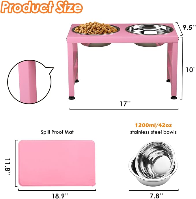 ADENGL Pink Metal Raised Dog Bowl Stand for Large Dogs, Stronger Elevated Dogs Bowls with Sprill Proof Mat, Food & Water Bowl 10in Tall Feeder (42OZ-Stainless Steel Dog Bowls, Mat-12x19 in)
