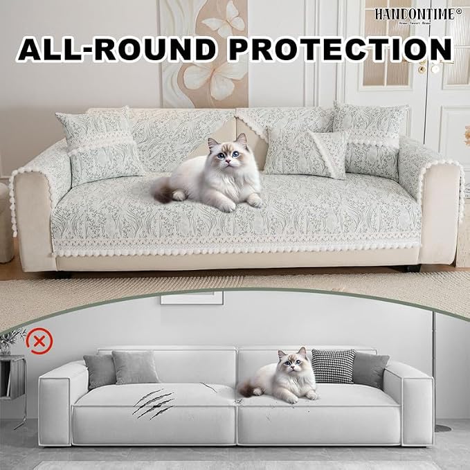 HANDONTIME Elegant Floral Pet Couch Cover, Jacquard Chenille Dog Bed Cover with Plush Fringe, Non-Slip Washable Sofa Protector for Dogs & Cats, Fits Sectionals 3 Cushion Couches (Green,35.4" x 82.7")