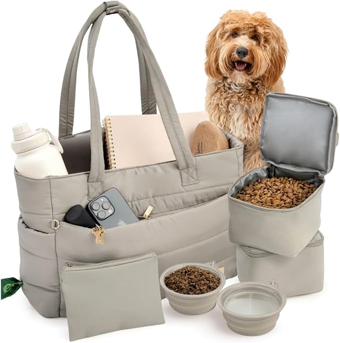 Puffer Dog Travel Bag for Dog Moms, Diaper Bag with Travel Bowls | 2 BPA-Free Collapsible Bowls, 2 Pet Food Containers, 9 Pockets, Everyday Puffer Bag Works With or Without Your Dog, Khaki