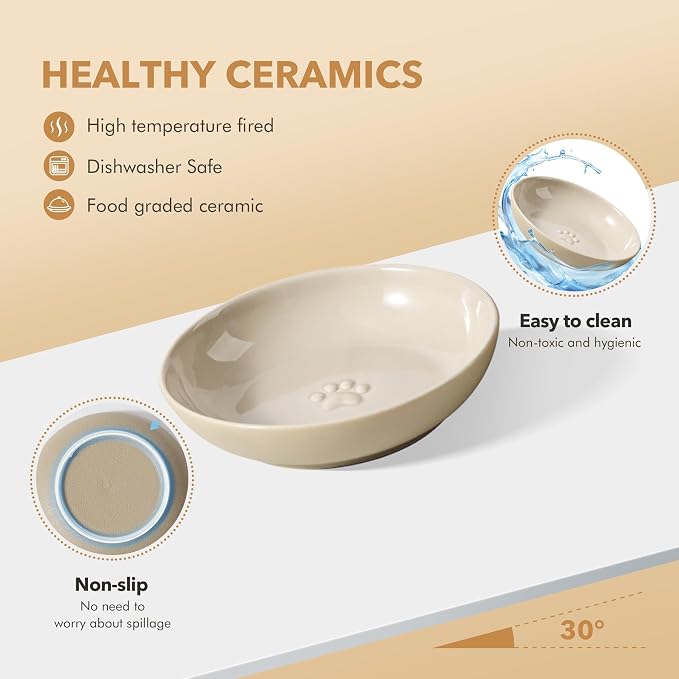 Havniva Cat Bowls Elevated 6” Ceramic Cat Bowl with Stand Whisker Friendly Shallow Cat Dishes, Cat Food & Water Bowl Set with Two Height Options, Anti-Slip Raised Cat Food Bowl for Kittens