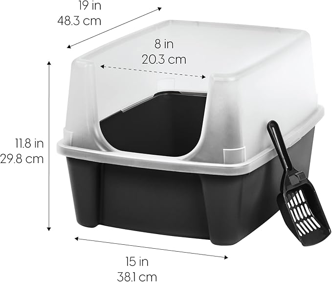IRIS USA Cat Litter Box Large Open Top with High Sided Walls Tall Scatter Shield Scoop Included Easy Clean Plastic Pan Stain Resistant for Big Cats Kittens Indoor Multi-Cat Households