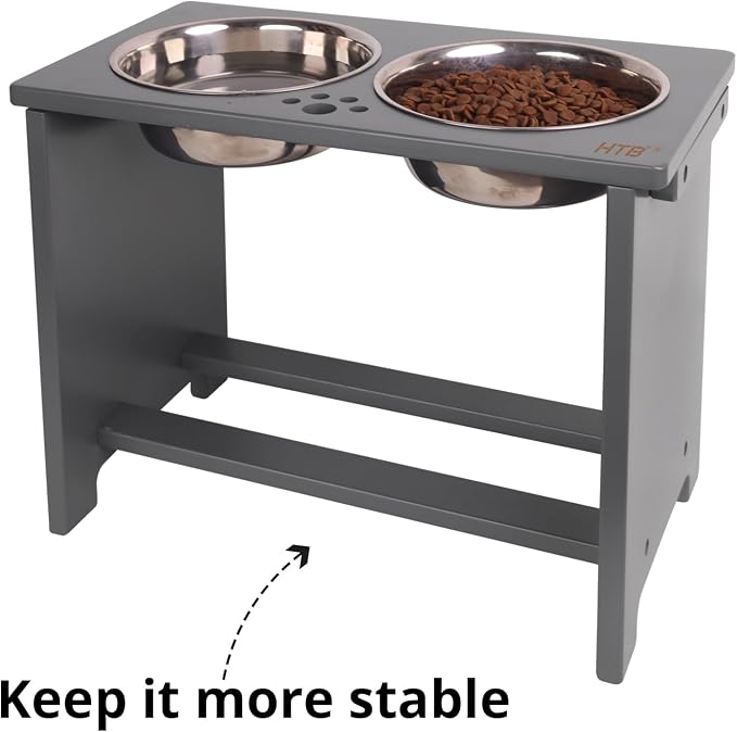 HTB Elevated Dog Bowl Stand with 2 Stainless Steel Bowls-14 H X-Large Grey | Raised Dog Bowl Stand, 14"tall, 48 Oz Bowls, for Large Sized Dogs, Pet-safe, Solid Bamboo