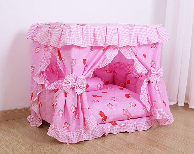Princess Pink Strawberry Pet Dog Cat Handmade Bed House+1 Candy Pillow Canopy (M)