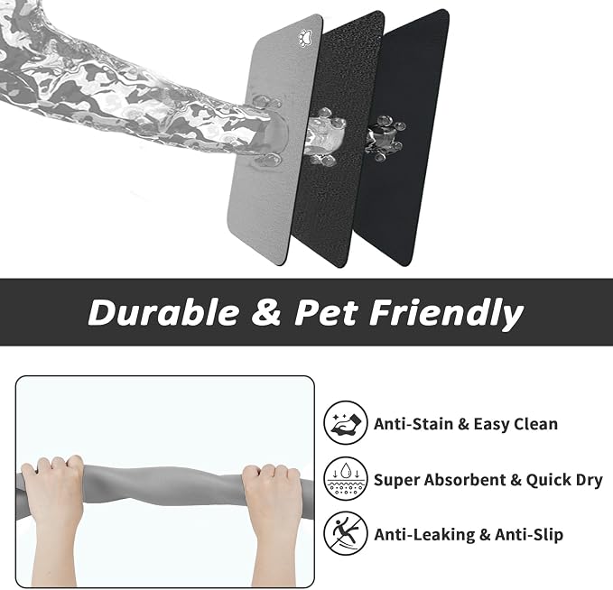 HotLive Dog Food Mat - Absorbent Cat Mat for Food and Water, No Stains Pet Feeding Bowl Mat, Easy to Clean Pet Placemats, Quick Dry Dog Water Dispenser Mat for Messy Drinkers | Paw Grey 18"x 34"