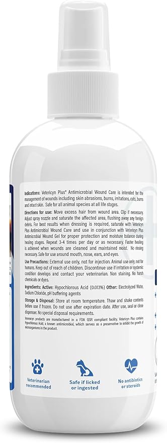 Vetericyn Plus Dog Wound Care Spray | Healing Aid and Skin Repair, Clean Wounds, Relieve Itchy Skin, and Prevent Infection, Safe for All Animals. 8 Ounces