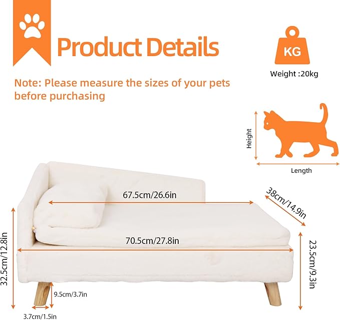 Elevated Cat Couch Sofa: Wooden Cat Bed Dog Chair with Bolster Cushion for Small Dogs Cute Pet Chaise Soft Cushion Fluffy Washable for Puppy