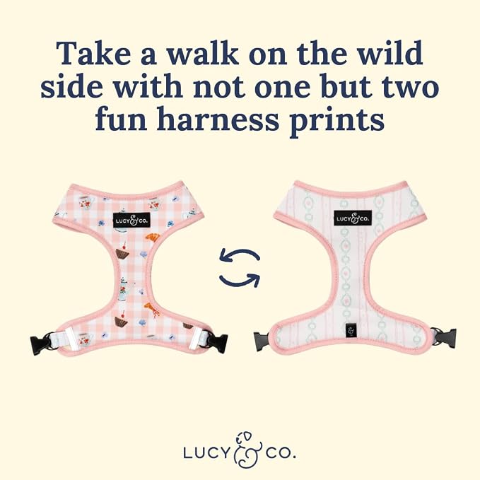 Lucy & Co. Reversible Dog Harness - Water-Repellent Neoprene, Dual-Print Design, Easy Swap Style, Adjustable Comfort Fit - Sipping Slowly Reversible Harness - Small