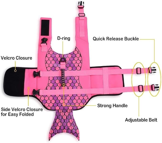 Dog Life Jacket Ripstop Shark Dog Safety Vest Adjustable Preserver with High Buoyancy and Durable Rescue Handle for Small,Medium,Large Dogs, Pink Fish Large
