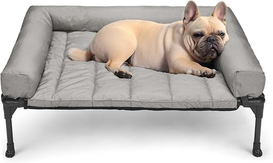 Veehoo Outdoor Elevated Dog Bed with Waterproof Bolster Cushion, Cooling | Raised Dog Bed with Removable & Washable Mat Topper, Breathable Mesh, Dog Couch Cot for Indoor Outdoor, 32", Medium, Grey