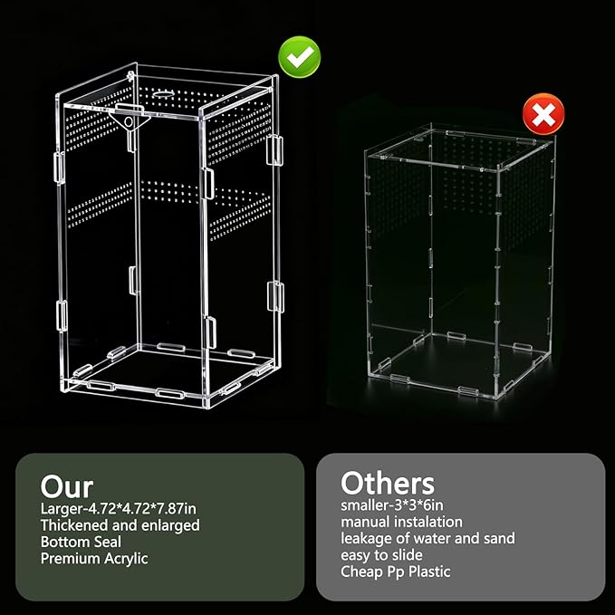 Acrylic Jumping Spider Enclosure, Small Reptile Insect Terrarium, Spider Tank with Magnetic Door & All-Side Vent, Pre-Assembled Habitat for Spiderling, Mantis, Tarantula, Snail 7.8" * 4.7" * 4.7