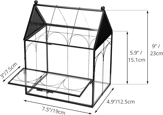 NCYP Glass Enclosure with Vent Holes for Jumping Spiders, Praying Mantis, Small Insect - 7.5" x 4.9" x 9" Front Opening Door Vented Glass Terrarium - House Shape, Home Decor, Black (Terrarium Only)