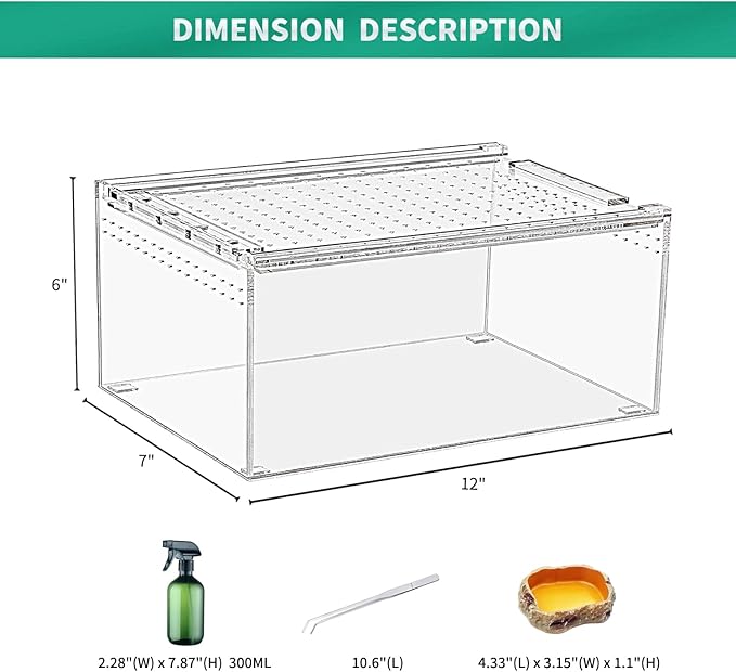 Reptile Terrarium kit,12"*7"*6" Reptile Breeding Box, Magnetic Acrylic Enclosure，for Tarantula，Hermit Crab，Jumping Spider，Iguana，Leopard Gecko，Bearded Dragon, Insect,Scorpions.(30*18*15 cm）