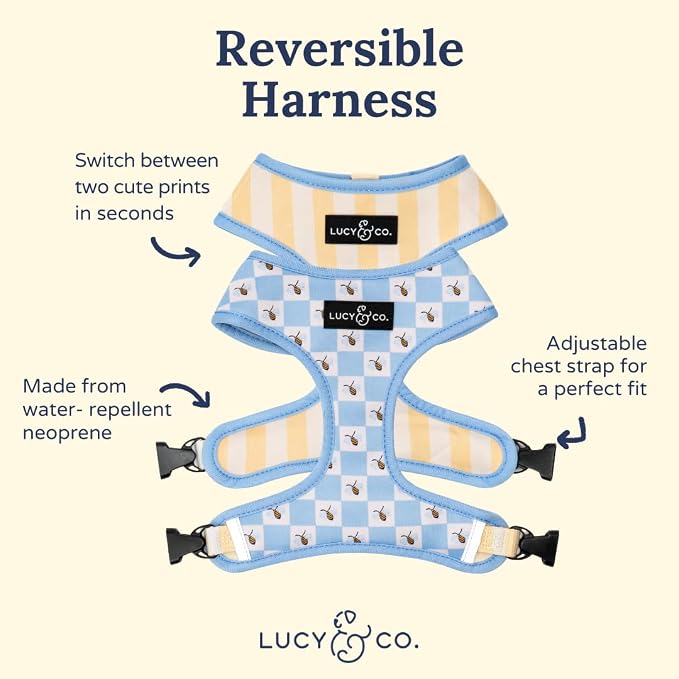 Lucy & Co. Reversible Dog Harness - Water-Repellent Neoprene, Dual-Print Design, Easy Swap Style, Adjustable Comfort Fit - Bumbling Around Reversible Harness - X-Large