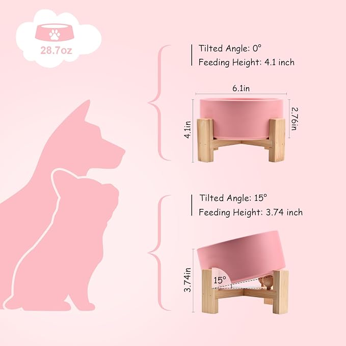 SPUNKYJUNKY 15° Slanted Ceramic Dog and Cat Bowl with Wooden Stand, Tilted Bulldog Food and Water Bowl No Slip Non-Spill for Cats Medium Dogs Big Face Pets 28.7 OZ (3.6 Cups,Pink)