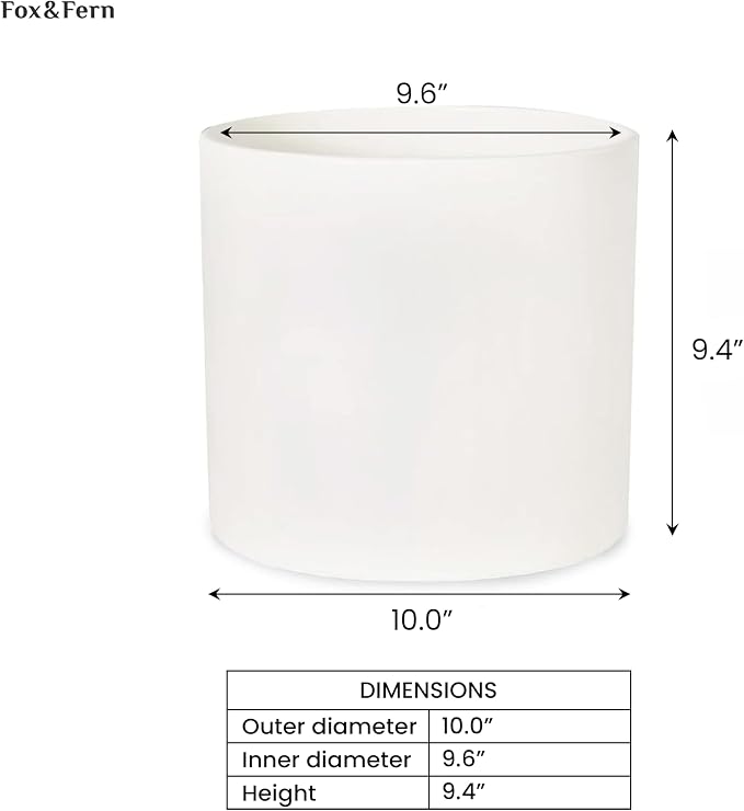 Fox & Fern Large Indoor Planter, Modern Large Plant Pot for Indoor or Outdoor, UV and Frost Resistant - 10 Inch, Matte White Flower Pot with Drainage Plug