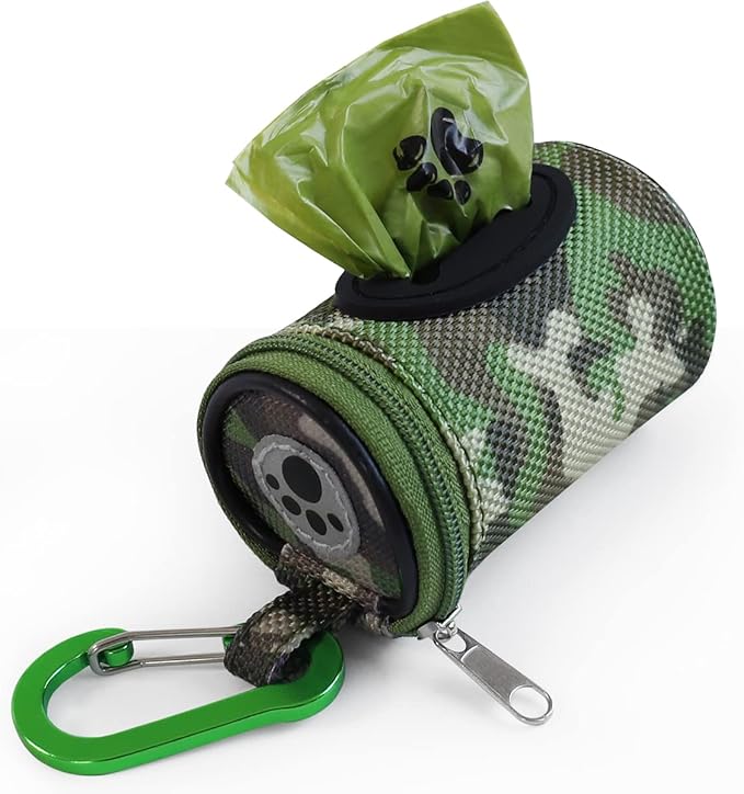 FURHAB Dog Poop Bag Holder for Leash Doggie Waste Bag Dispenser Puppy Potty Carrier Small Doggy Zipper Pouch with Carabiner Clip 1680D Nylon Oxford with 1 Roll of Pet Trash Bags, Woodland Camo