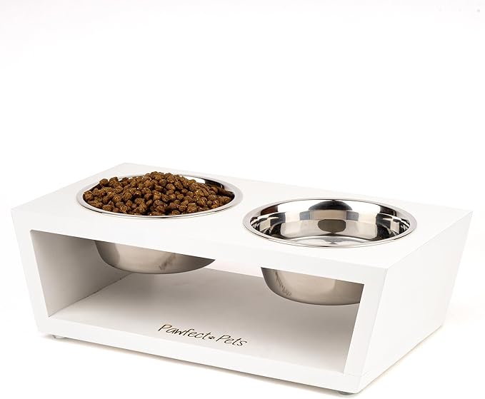 4" Tall Elevated Dog Bowls for Small Dogs and Cats. Raised Dog and Cat Food and Water Bowl Set by Pawfect Pets (White)