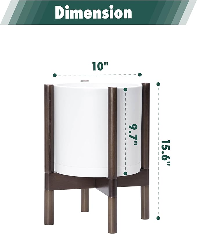D'vine Dev Plastic Pot with Walnut Wood Stand, White, 10 in, 55-C-L-1 | Mid-Century Inspired Design, Elevated Plant Display, Clean Lines, Sturdy Support, Modern Space-Saving Style
