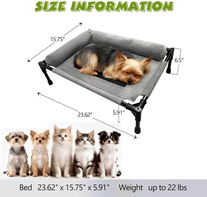 Raised Dog Beds for Small Dogs, Cooling Indoor Outdoor Elevated Bolster Dog Cot Hammock with Metal Frame Breathable Mesh, Portable Dog Sofa Camping Dog Bed (23.62" L x 15.75" W x 5.91" H)