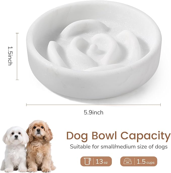 Karibiber Marble Slow Feeder Dog Bowl, White Puppy Puzzle Dish for Small Dogs Cats, Heavy Non-Slip Stone Dog Food Bowl, Anti-Choke Bloat Stop Maze