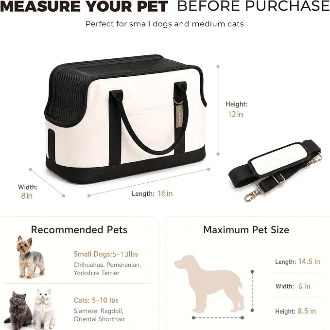 JourCraf Dog Carrier for Small Dogs, Soft Sided Cat Carrier with Hard Bottom, Breathable Mesh Top, Safety Leash, Padded Shoulder Strap, Fits Pets up to 13 lbs, for Travel, White