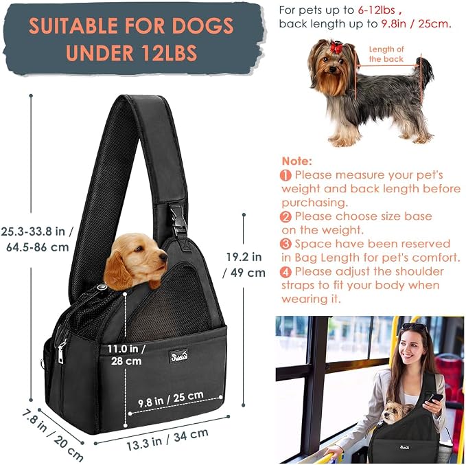 SlowTon Dog Sling Carrier, Hands Free Hard Bottom for Small Dogs up to 11lb | Breathable Mesh Support, Adjustable Padded Strap, with Pocket Safety Belt, Machine Washable, for Small Animal Puppy, Black
