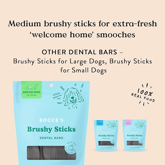 Bocce's Bakery Dental Brushy Sticks for Medium Dogs – Natural, Wheat-Free Dental Bars to Support Oral Health & Fresh Breath, Made with Real Ingredients – Coconut & Mint Recipe (2 Pack Bundle)