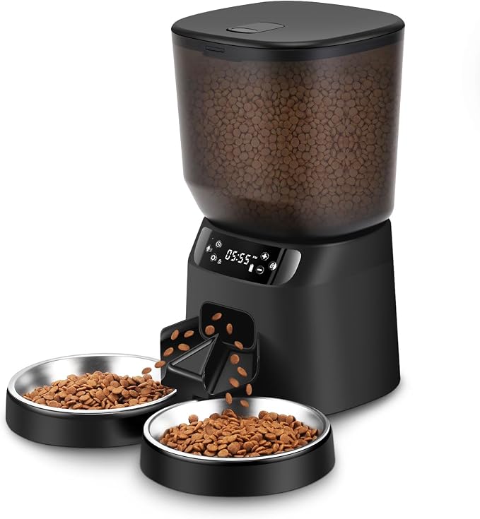 Automatic Cat Feeders for Two Cats, 5L/20 Cups Double Automatic Cat Food Dispenser with 2 Stainless Bowls, Timer Setting 20 Portions 6 Meals Per Day, 10s Meal Call (Black)