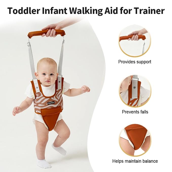 Baby Walking Harness - Handheld Toddler Walker Helper with Detachable Crotch, Adjustable Traction Strap, Breathable Fabric, Infant Walking Assistant Belt with for 9-24 Months (Brown)