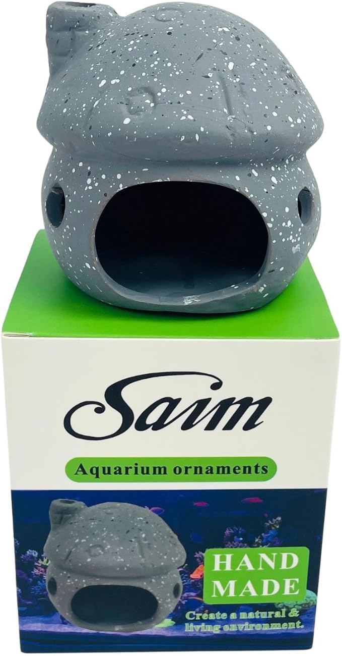 Saim Aquarium Decorations Mushroom House Ceramic Cave, Betta Fish Hideout Breeding Mushroom Cave Fish Tank Ornaments for Amano Shrimp Cichlid Bonsai to Play, Hide and Rest - Grey