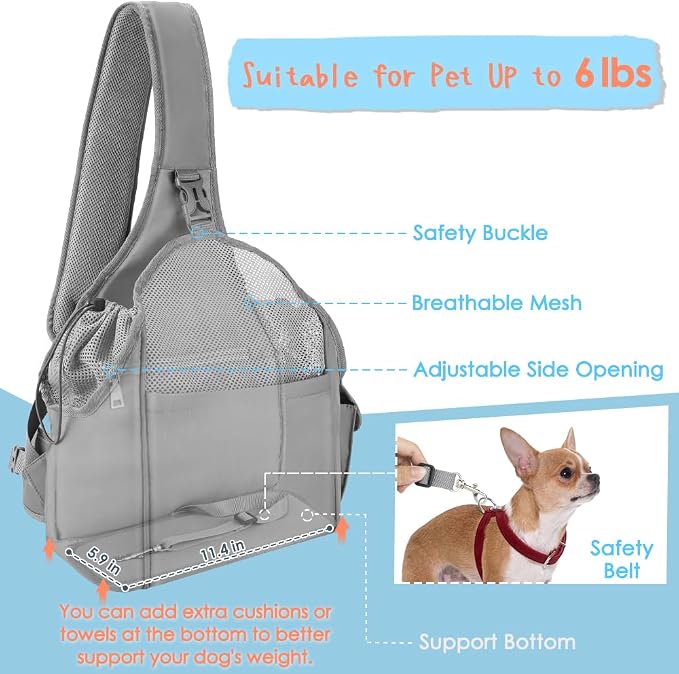 SlowTon Dog Sling Carrier, Hands Free Hard Bottom for Small Dogs up to 6 lb | Breathable Mesh Support, Adjustable Padded Strap, with Pocket Safety Belt, Machine Washable, for Small Animal Puppy, Grey