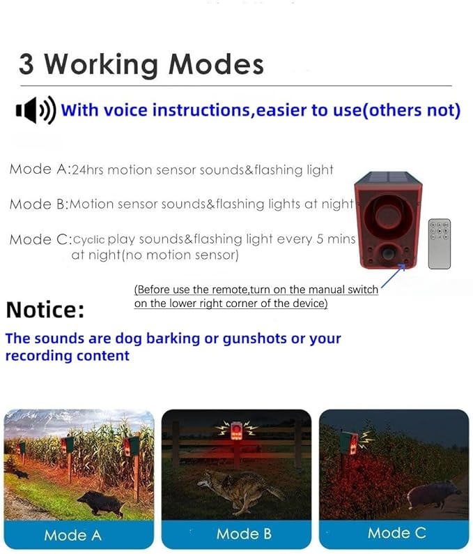 HULPPRE Solar Outdoor Motion Sensor Alarm-Dog Barking or Gunshot Sound,Support Recording&±Volume,130db Loud Noise Maker,3 Work Modes Strobe Light with USB,Say Goodbye to The Intruders