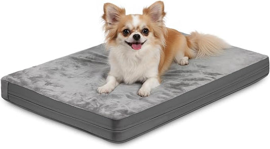 Waterproof Small Dog Bed Crate Pad 24", Washable Puppy Bed Orthopedic Gray | Outdoor Pet Bed Foam, Reversible Durable Faux Leather & Flannel, Removable Cover, Cat Mat, Anti-Slip Kennel Pad 23"x17"