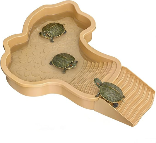 Pawfly Reptile Bathing Pool with Removable Ramp, Reptile Food Dish Feeding Dish, Tortoise Water Dish Water Bowl with Steps, Turtle Bathing Pool Bath Tub Soaking Dish for Gecko Snake Lizard Frog
