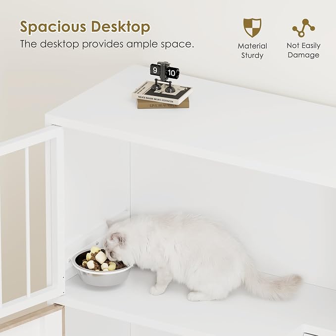 Metal Cat Feeding Station, Dog Proof Cat Feeding Station, Pet Food Storage | Cat Food Table, Raised Bowls for Indoor Cats, Elevated Food Bowls with Stand, Cat House with Scratching Board, Metal White