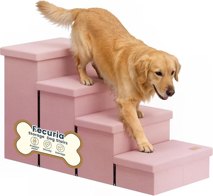 4-Step Wide Dog Stairs with Storage 23" H, Non-Slip Sturdy Pet Steps for High Bed Couch Window, Pet Stairs for Small/Medium/Large Old Dogs Cats Up to 220lbs, Cat Dog Steps for Car/SUV, Pink
