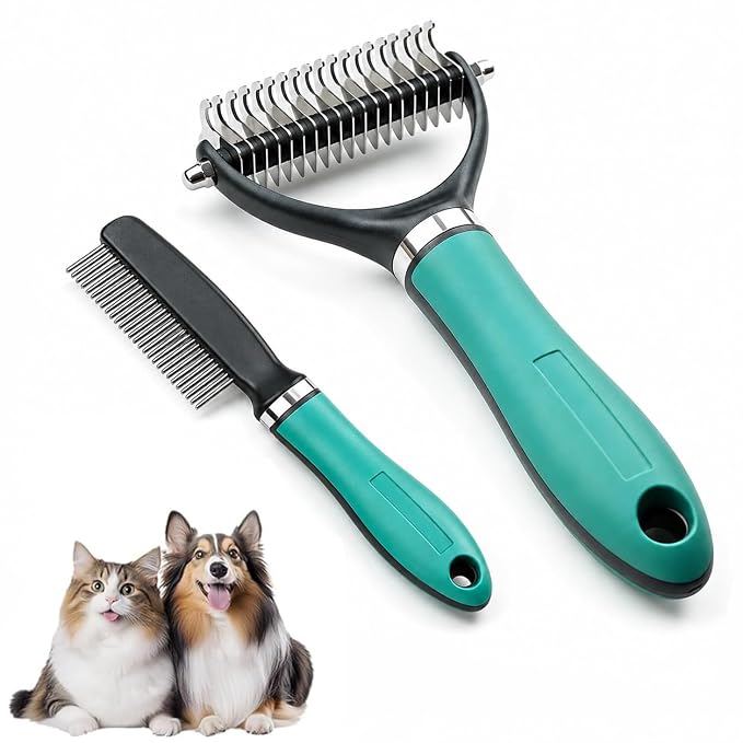 2026 Upgrade Double-Sided Pet Grooming Tool, Professional Pet Detangling Comb Removes Tangles Knots and Loose Fur, Gentle Deshedding Dog Cat Brush for Long Thick Hair (Green)